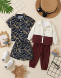 Boys Chain Print Shirt Shorts & Colour Block Jacket Pant Combo 
Set - Navy Blue Gold Print & Cream Maroon Corduroy - Casual Wear 
for Boys | The Kidswear