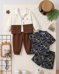 Boys Printed Shirt & Shorts Combo Set - Navy Blue Chain Print & 
Cream Brown Colour Block - Casual Wear for Boys | The Kidswear
