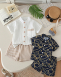 Boys Linen Shirt Shorts & Printed Shirt Shorts Combo Set - White 
Mandarin Collar with Beige Stripes & Navy Blue Gold Chain Print 
- Summer Casual Wear for Boys | The Kidswear