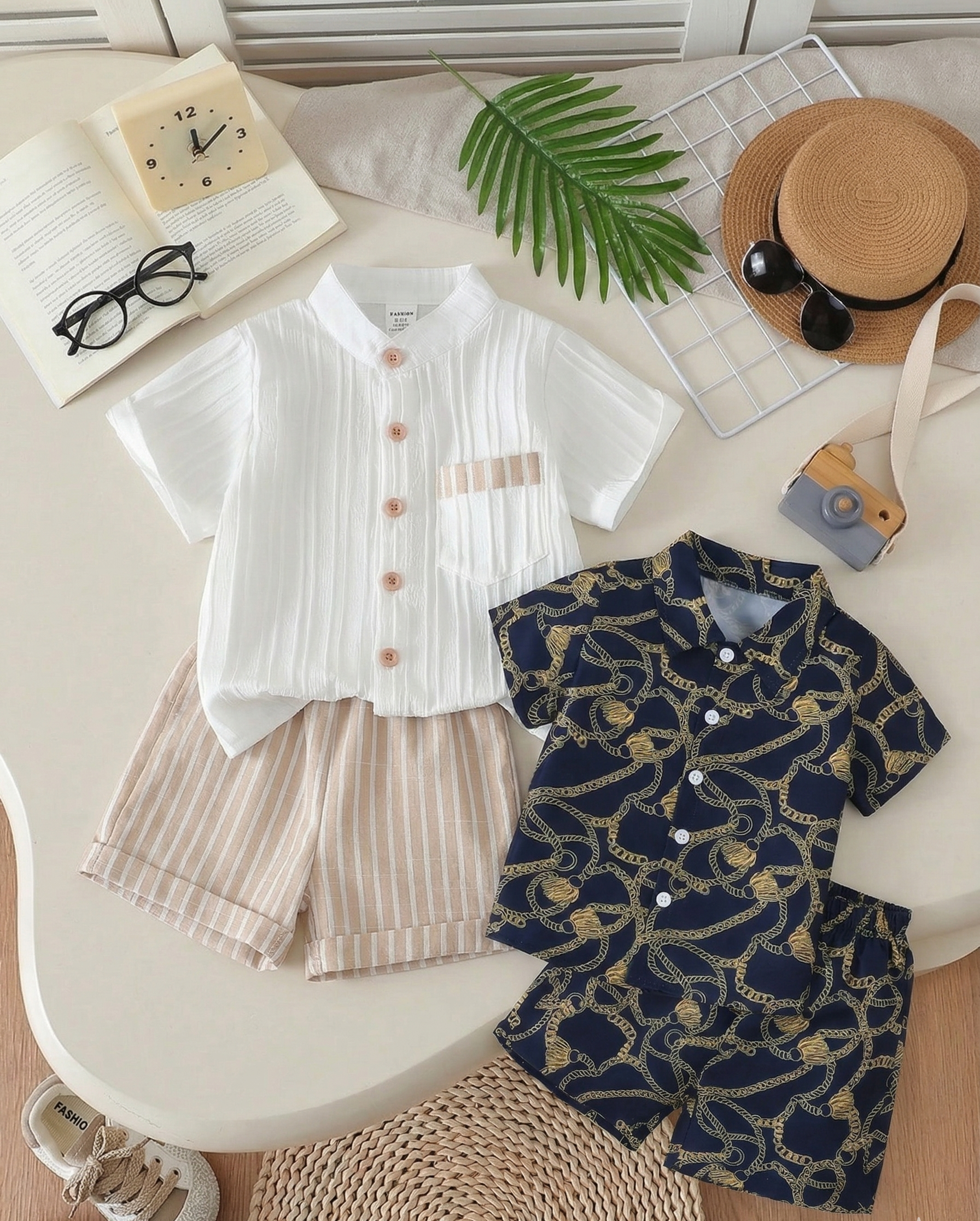 Boys Linen Shirt Shorts & Printed Shirt Shorts Combo Set - White 
Mandarin Collar with Beige Stripes & Navy Blue Gold Chain Print 
- Summer Casual Wear for Boys | The Kidswear