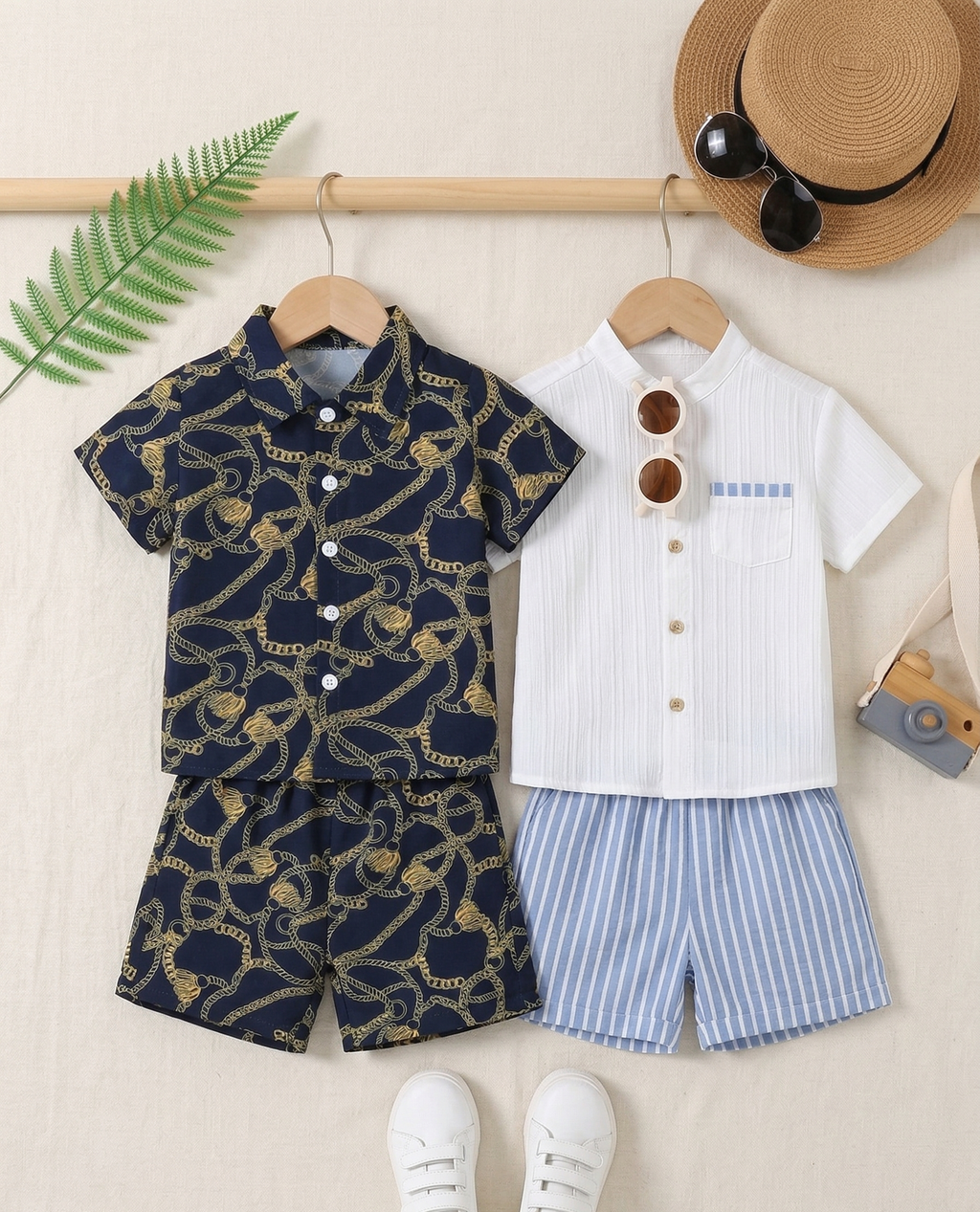 Boys Chain Print & Linen Shirt Shorts Combo Set - Navy Blue Gold 
Chain Print & White Mandarin Collar with Blue Stripes - Summer 
Wear for Boys | The Kidswear