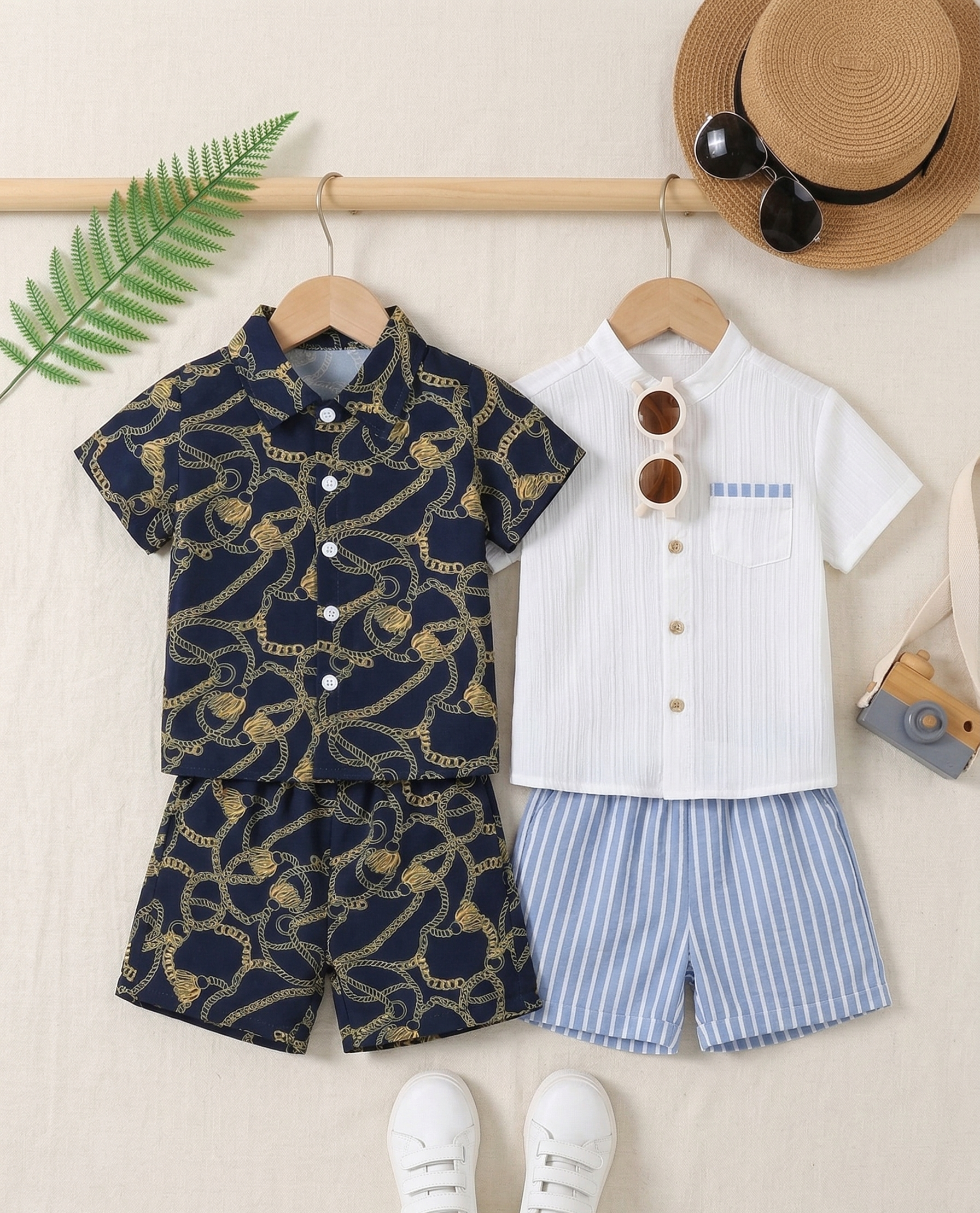 Boys Chain Print & Linen Shirt Shorts Combo Set - Navy Blue Gold 
Chain Print & White Mandarin Collar with Blue Stripes - Summer 
Wear for Boys | The Kidswear