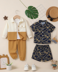 Boys 2-in-1 Combo Set - Cream Mustard Colour Block Jacket Pant 
& Navy Blue Chain Print Shirt Shorts - Casual Wear for Boys | The Kidswear