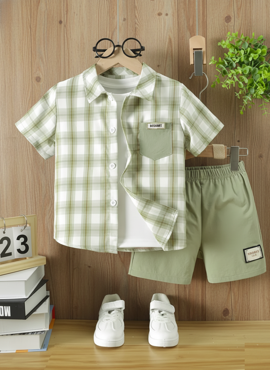 Boys Green & White Plaid Check Short Sleeve Shirt with White 
Inner T-Shirt & Sage Green Elastic Waist Shorts 3-Piece Set - 
Casual Summer Wear for Boys | The Kidswear
