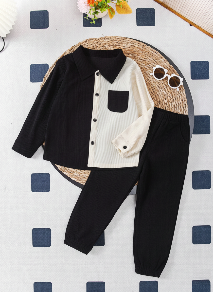 Boys Black & Cream Colour Block Ribbed Texture Full Sleeve 
Collar Shirt with Chest Pocket & Solid Black Elastic Waist 
Jogger Pants Set - Smart Casual Winter Wear for Boys | 
The Kidswear
