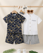 Boys Shirt & Shorts Combo Set - Navy Blue Chain Print & White 
Mandarin Collar with Grey Stripes - Summer Casual Wear for Boys 
| The Kidswear