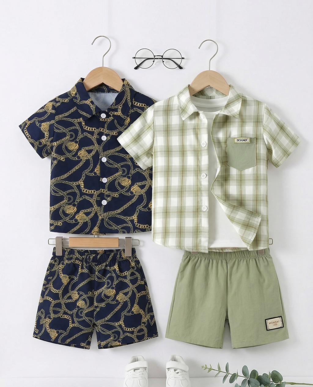 Boys Printed & Checkered Shirt Shorts Combo Set - Navy Blue 
Chain Print & Green White Plaid - Summer Casual Wear for Boys 
| The Kidswear