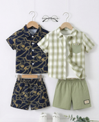 Boys Printed & Checkered Shirt Shorts Combo Set - Navy Blue 
Chain Print & Green White Plaid - Summer Casual Wear for Boys 
| The Kidswear