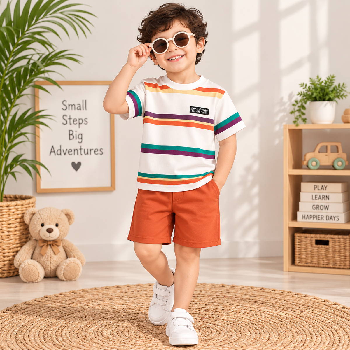 Kids White & Orange Striped T-Shirt & Shorts Co-Ord Set