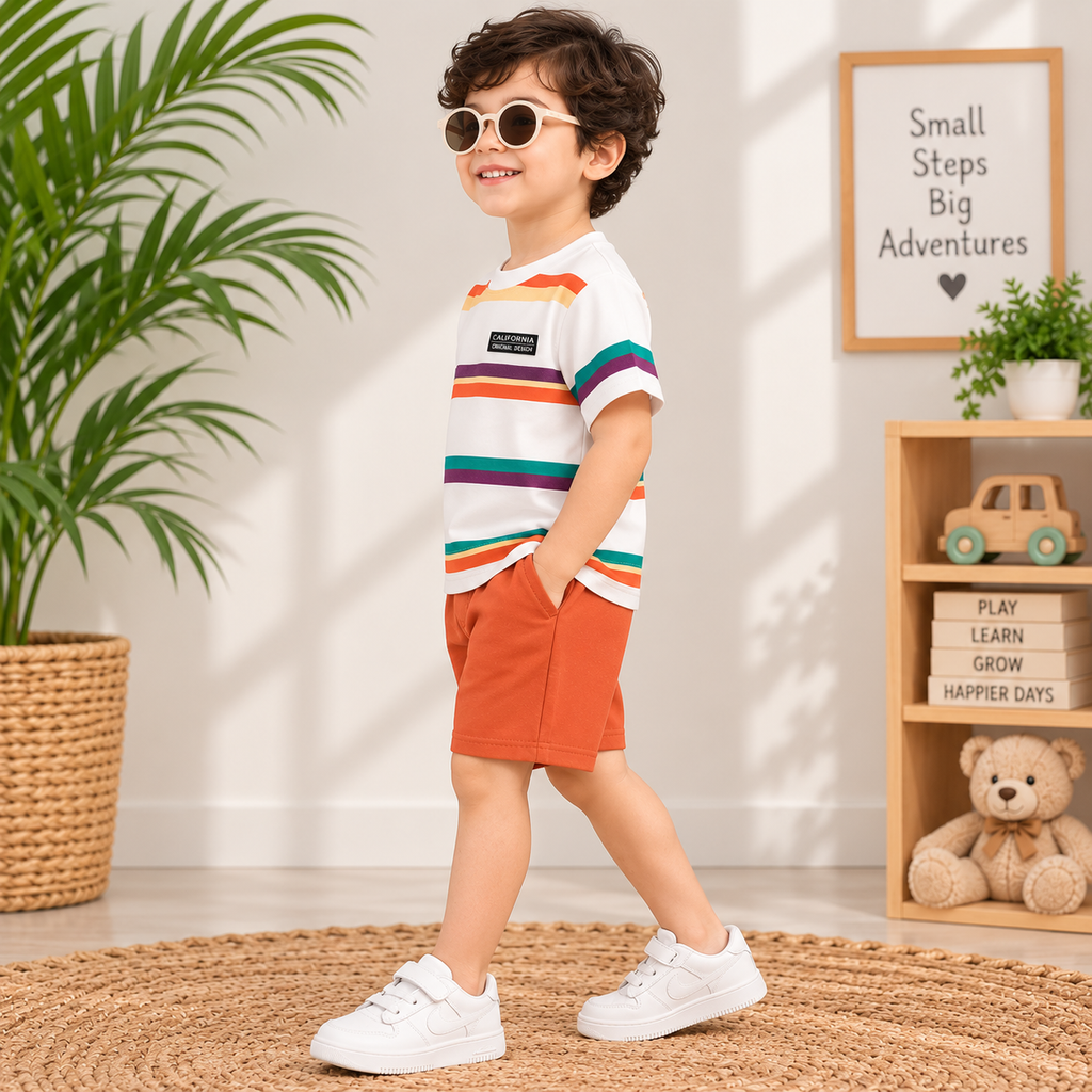 Kids White & Orange Striped T-Shirt & Shorts Co-Ord Set