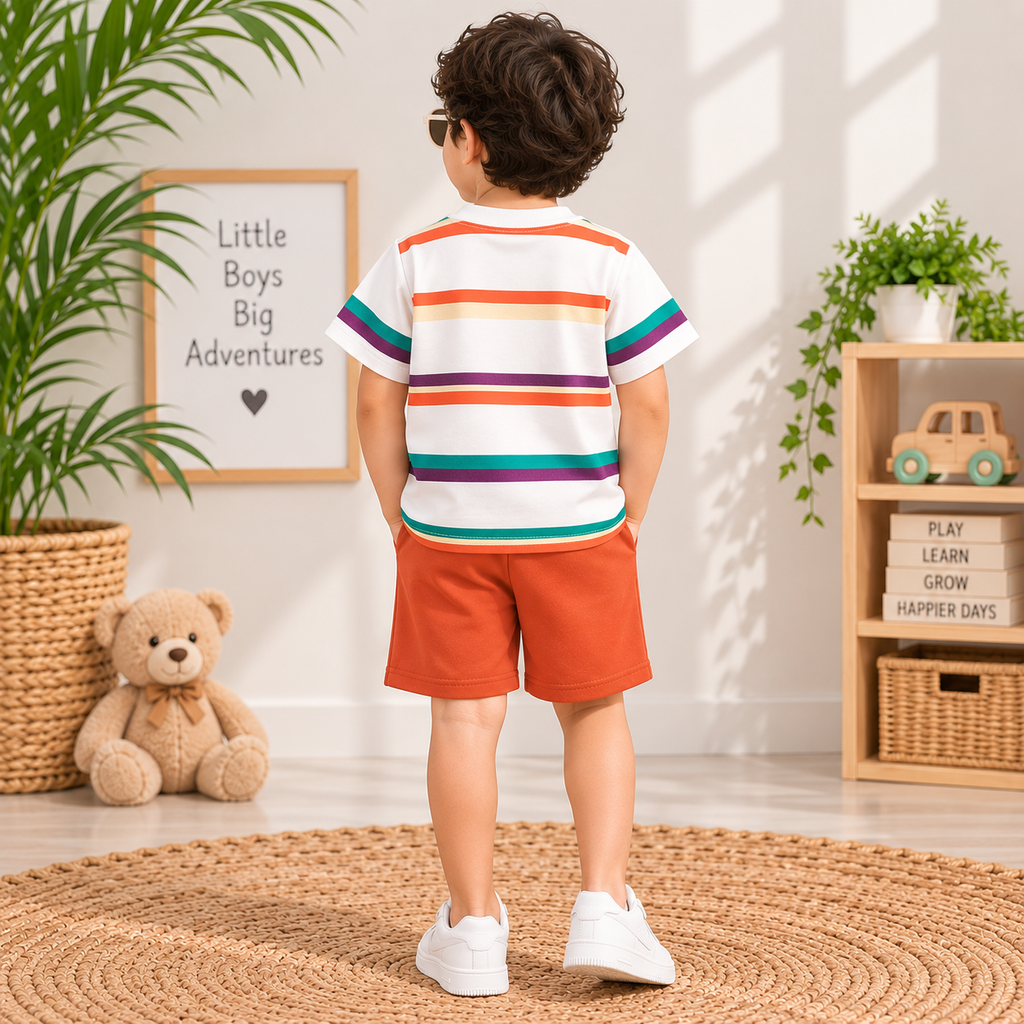 Kids White & Orange Striped T-Shirt & Shorts Co-Ord Set