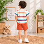 Kids White & Orange Striped T-Shirt & Shorts Co-Ord Set