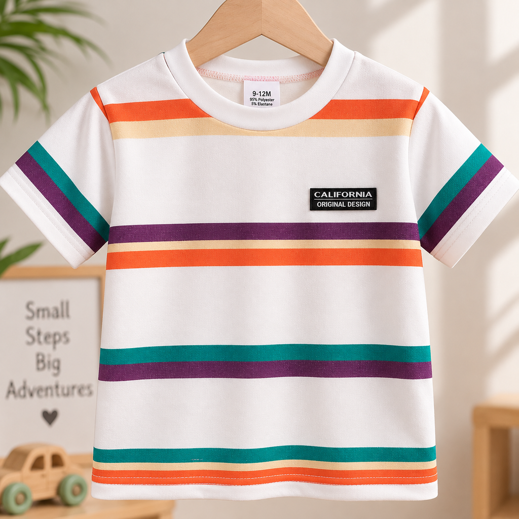 Kids White & Orange Striped T-Shirt & Shorts Co-Ord Set