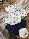 Boys White Palm Tree Printed Shirt with Navy Blue Shorts Co-Ord Set | 2 Piece Casual Outfit