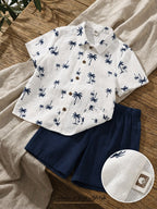 Boys White Palm Tree Printed Shirt with Navy Blue Shorts Co-Ord Set | 2 Piece Casual Outfit