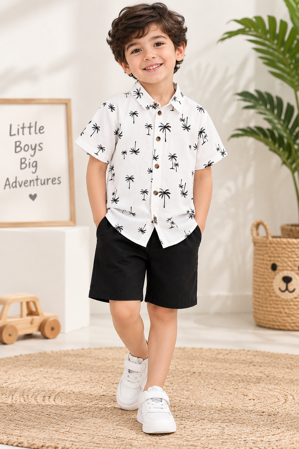 Boys White Palm Tree Printed Shirt with Black Shorts Co-Ord Set | 2 Piece Casual Outfit