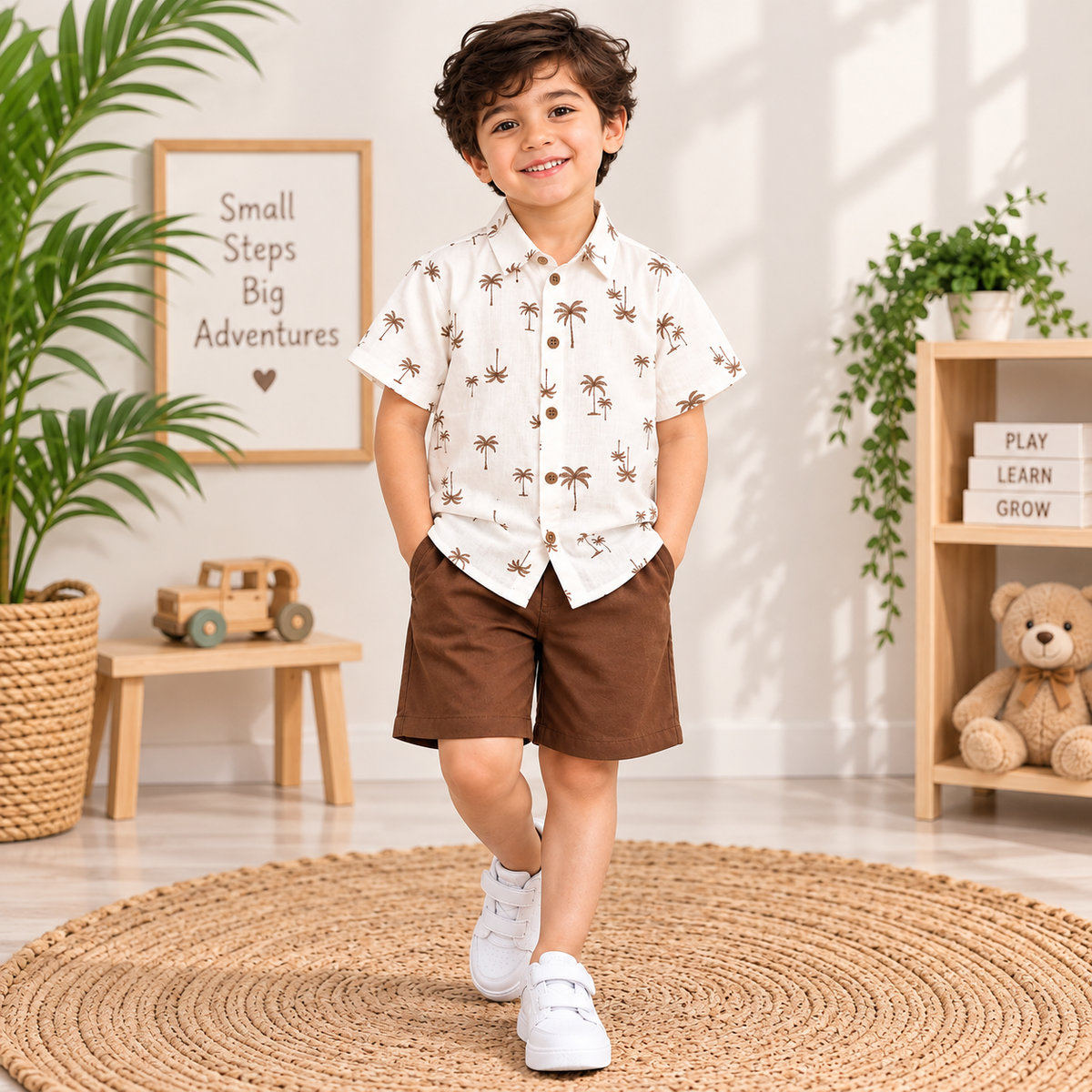 Boys White Palm Tree Printed Shirt with Brown Shorts Co-Ord Set | 2 Piece Casual Outfit