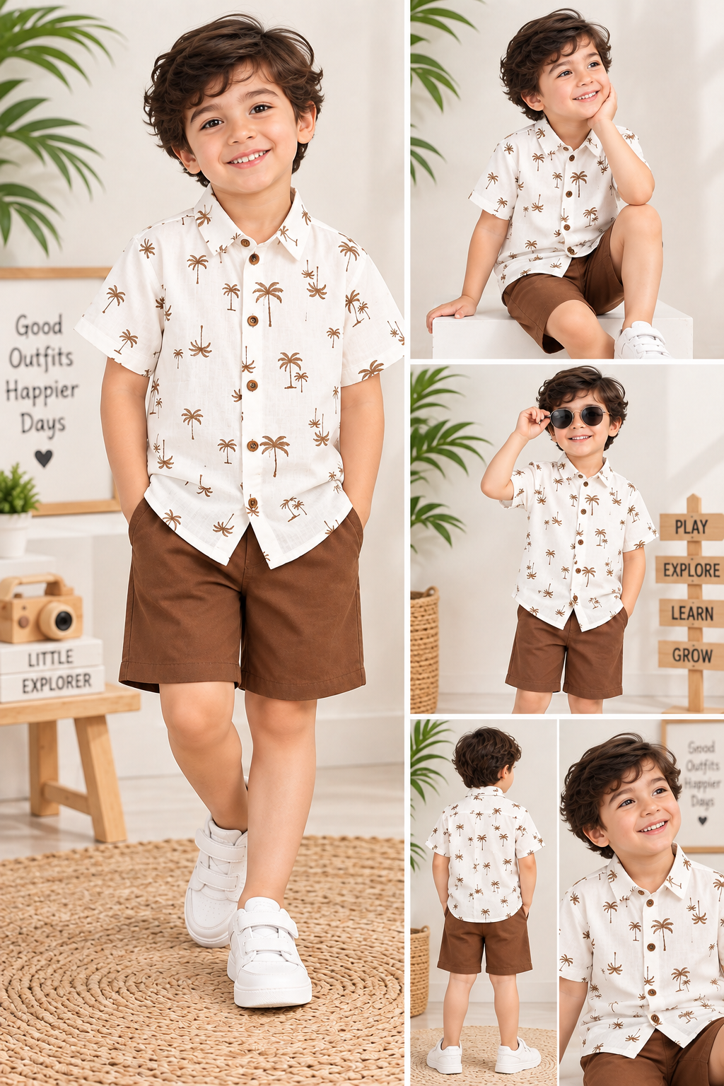 Boys White Palm Tree Printed Shirt with Brown Shorts Co-Ord Set | 2 Piece Casual Outfit