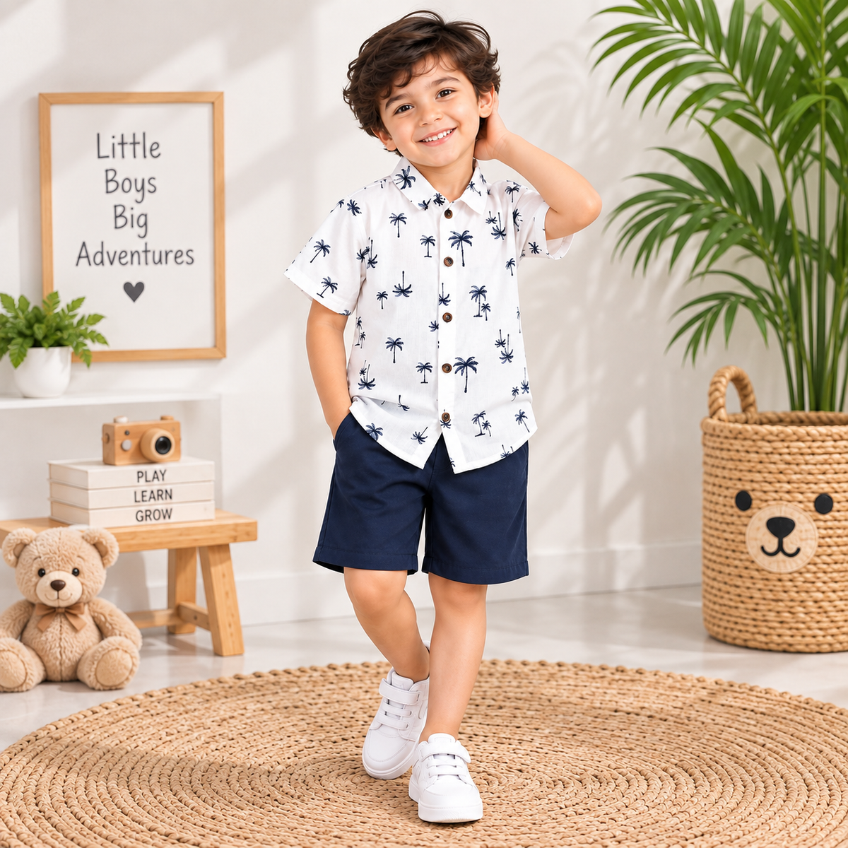 Boys White Palm Tree Printed Shirt with Navy Blue Shorts Co-Ord Set | 2 Piece Casual Outfit