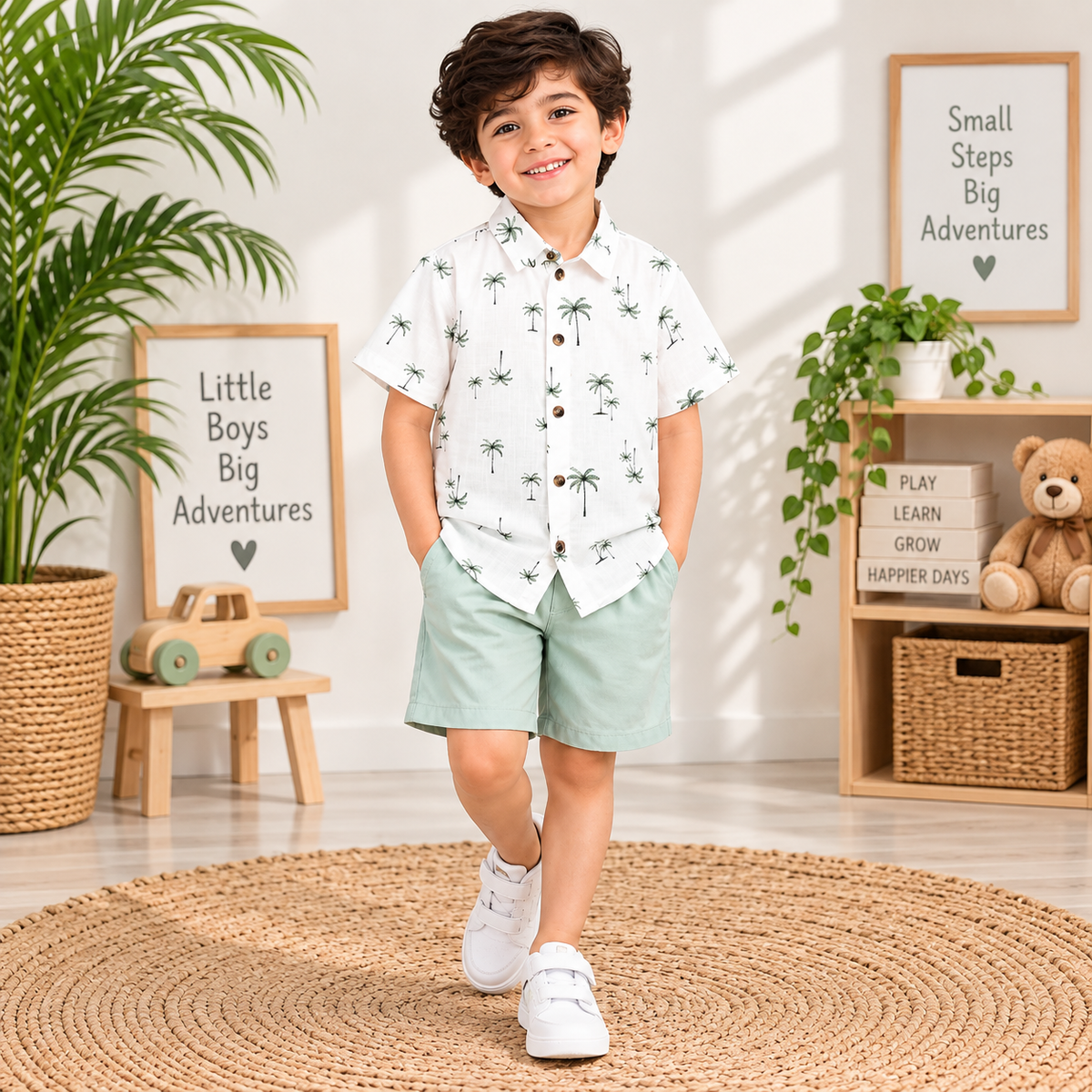Boys White Palm Tree Printed Shirt with Pista Green Shorts Co-Ord Set | 2 Piece Casual Outfit