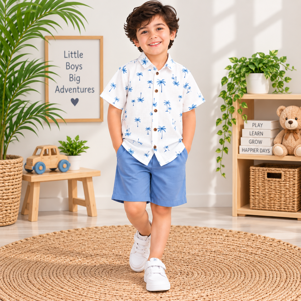 Boys White Palm Tree Printed Shirt with Sky Blue Shorts Co-Ord Set | 2 Piece Casual Outfit