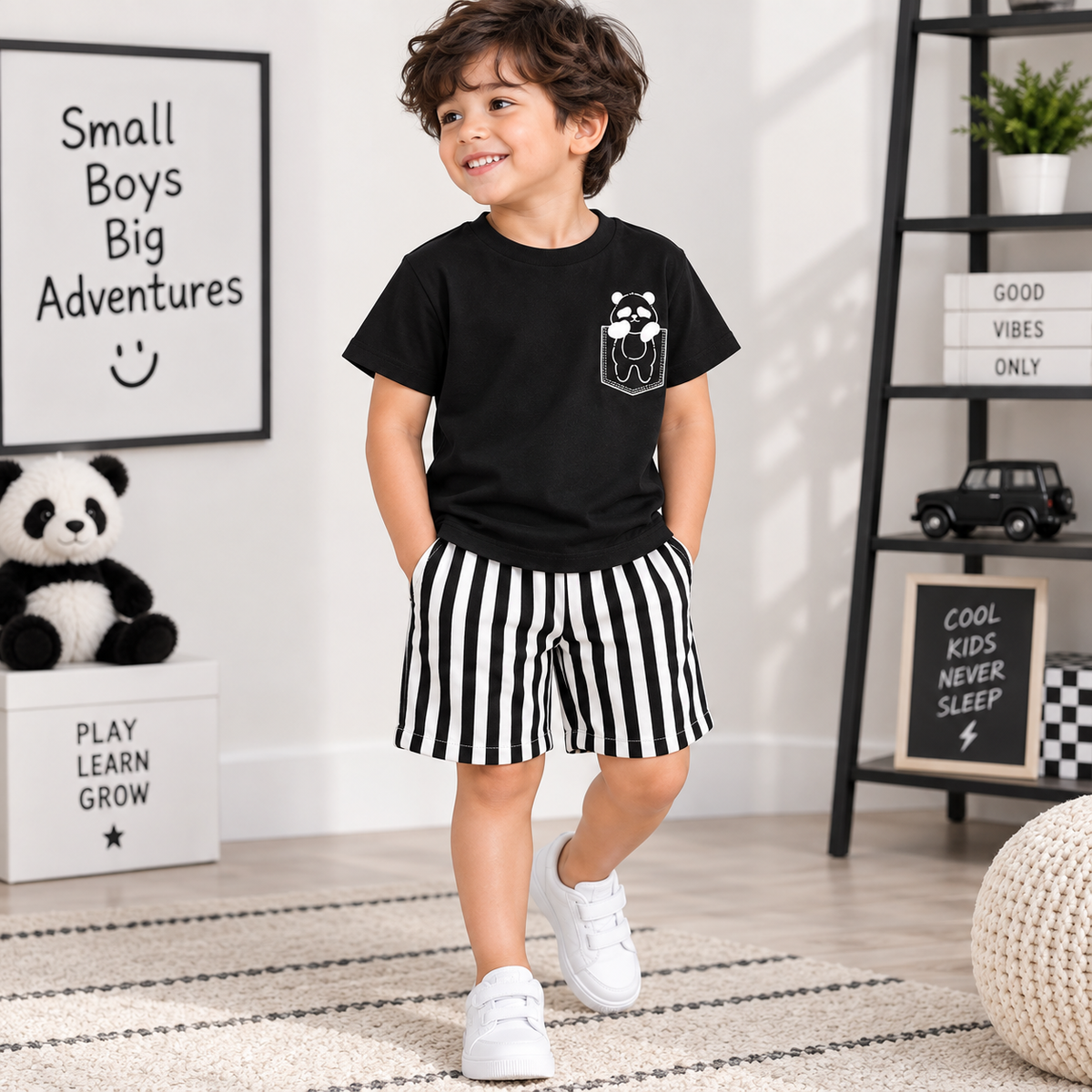 Boys Black Panda T-Shirt & Striped Shorts Set | TheKidsWear