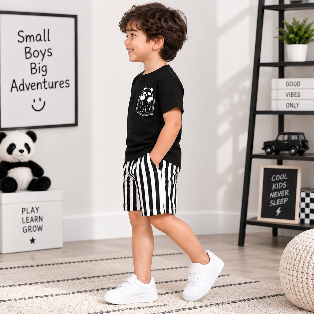 Boys Black Panda T-Shirt & Striped Shorts Set | TheKidsWear