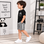 Boys Black Panda T-Shirt & Striped Shorts Set | TheKidsWear