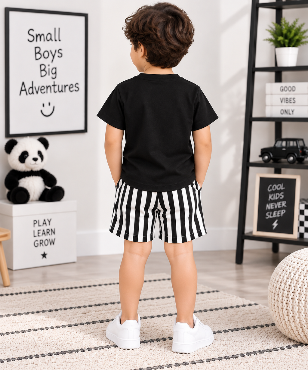 Boys Black Panda T-Shirt & Striped Shorts Set | TheKidsWear