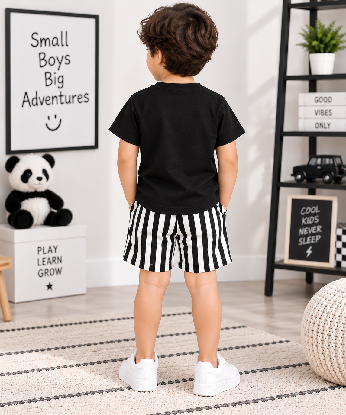 Boys Black Panda T-Shirt & Striped Shorts Set | TheKidsWear