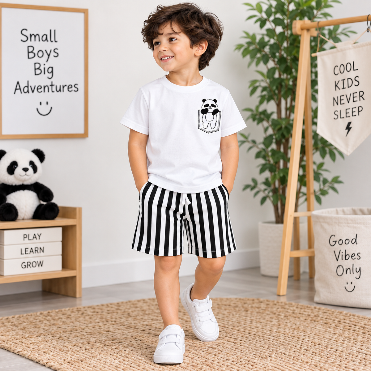Boys Black Panda T-Shirt & Striped Shorts Set | TheKidsWear