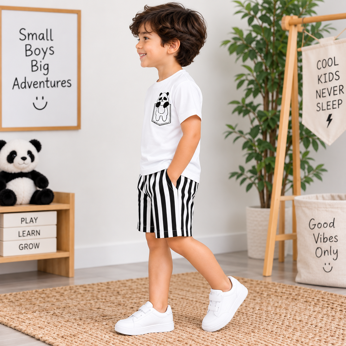 Boys White Panda T-Shirt & Striped Shorts Set | TheKidsWear