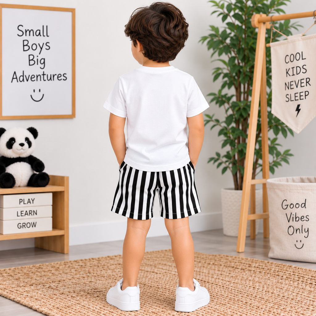 Boys White Panda T-Shirt & Striped Shorts Set | TheKidsWear