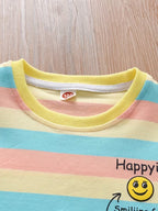 Boys Pastel Rainbow Striped Cotton Co-Ord Set with Smiley Print | Half Sleeve T-Shirt & Shorts