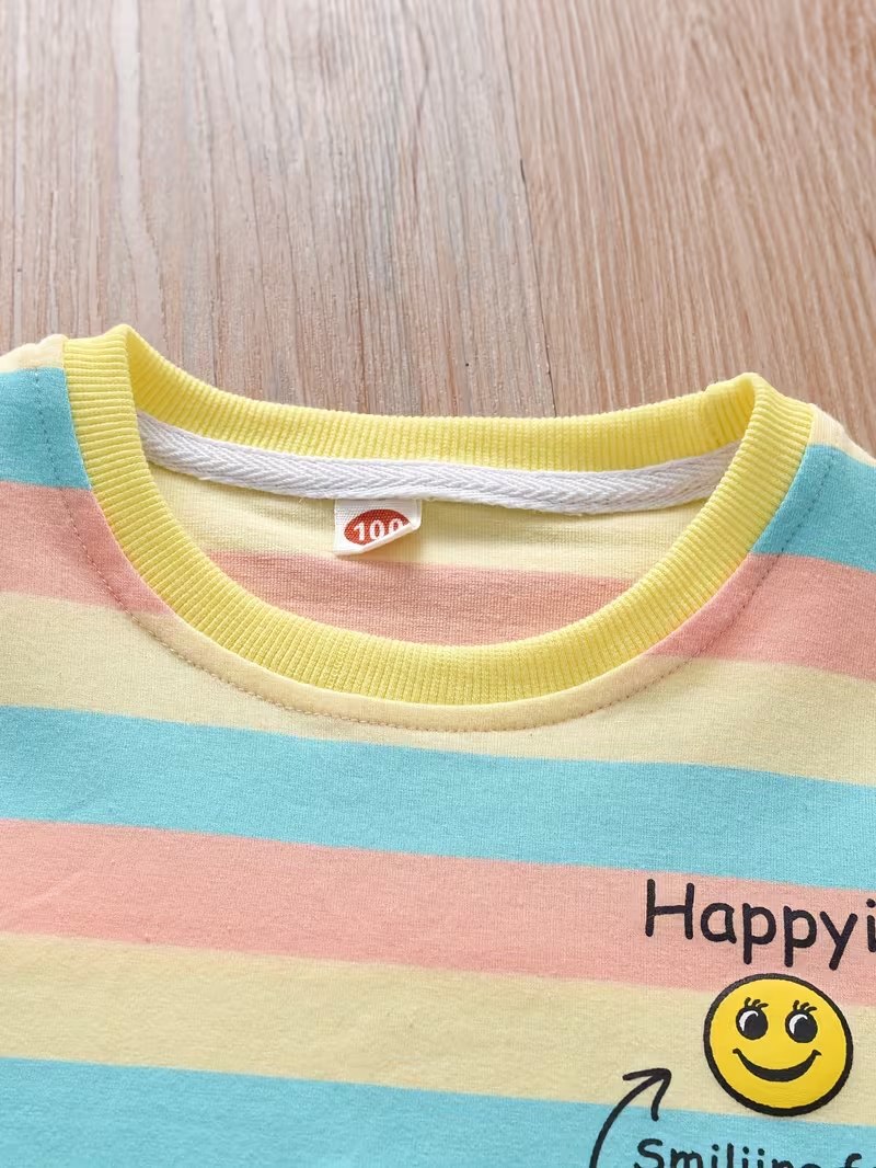 Boys Pastel Rainbow Striped Cotton Co-Ord Set with Smiley Print | Half Sleeve T-Shirt & Shorts