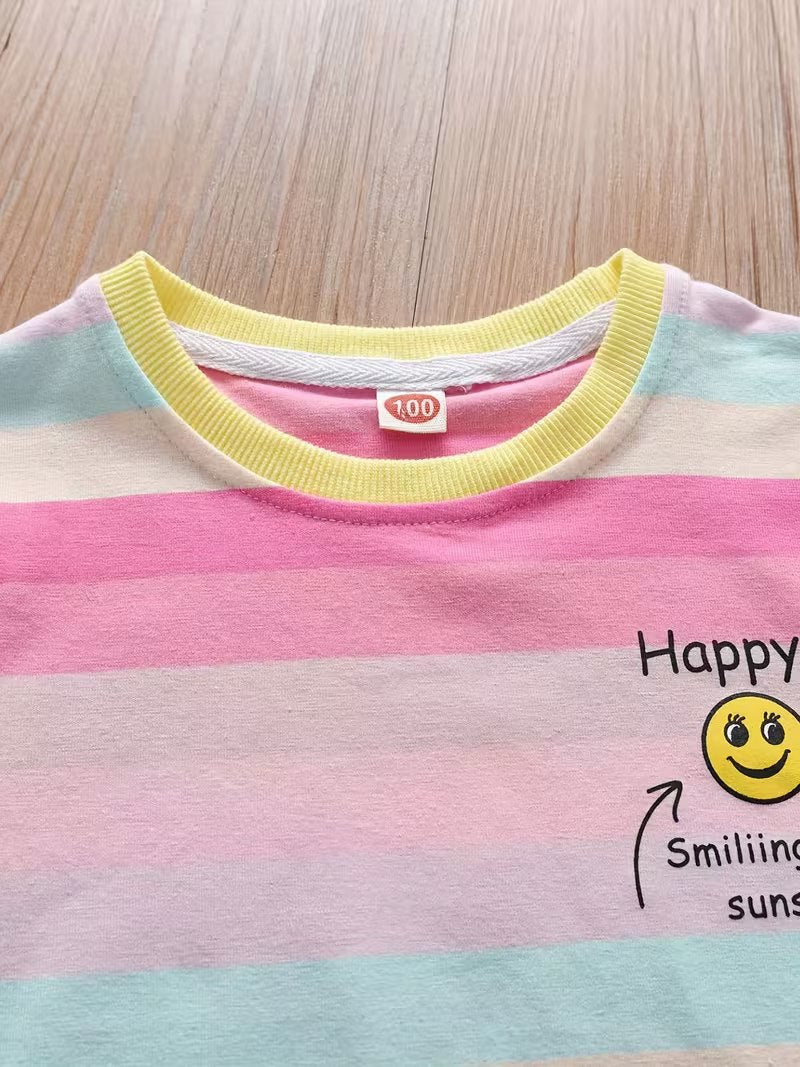Boys Pastel Rainbow Striped Cotton Co-Ord Set with Smiley Print | Half Sleeve T-Shirt & Shorts