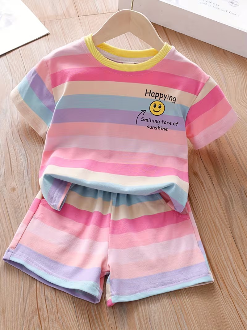 Boys Pastel Rainbow Striped Cotton Co-Ord Set with Smiley Print | Half Sleeve T-Shirt & Shorts