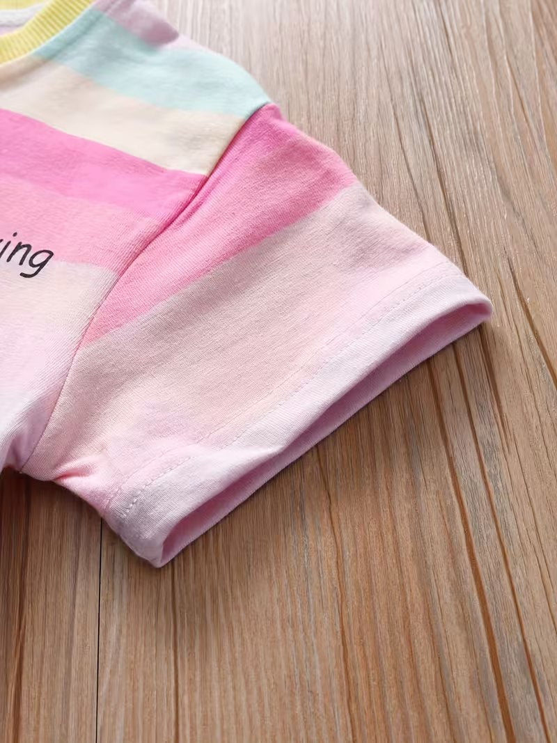 Boys Pastel Rainbow Striped Cotton Co-Ord Set with Smiley Print | Half Sleeve T-Shirt & Shorts