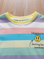 Boys Pastel Rainbow Striped Cotton Co-Ord Set with Smiley Print | Half Sleeve T-Shirt & Shorts