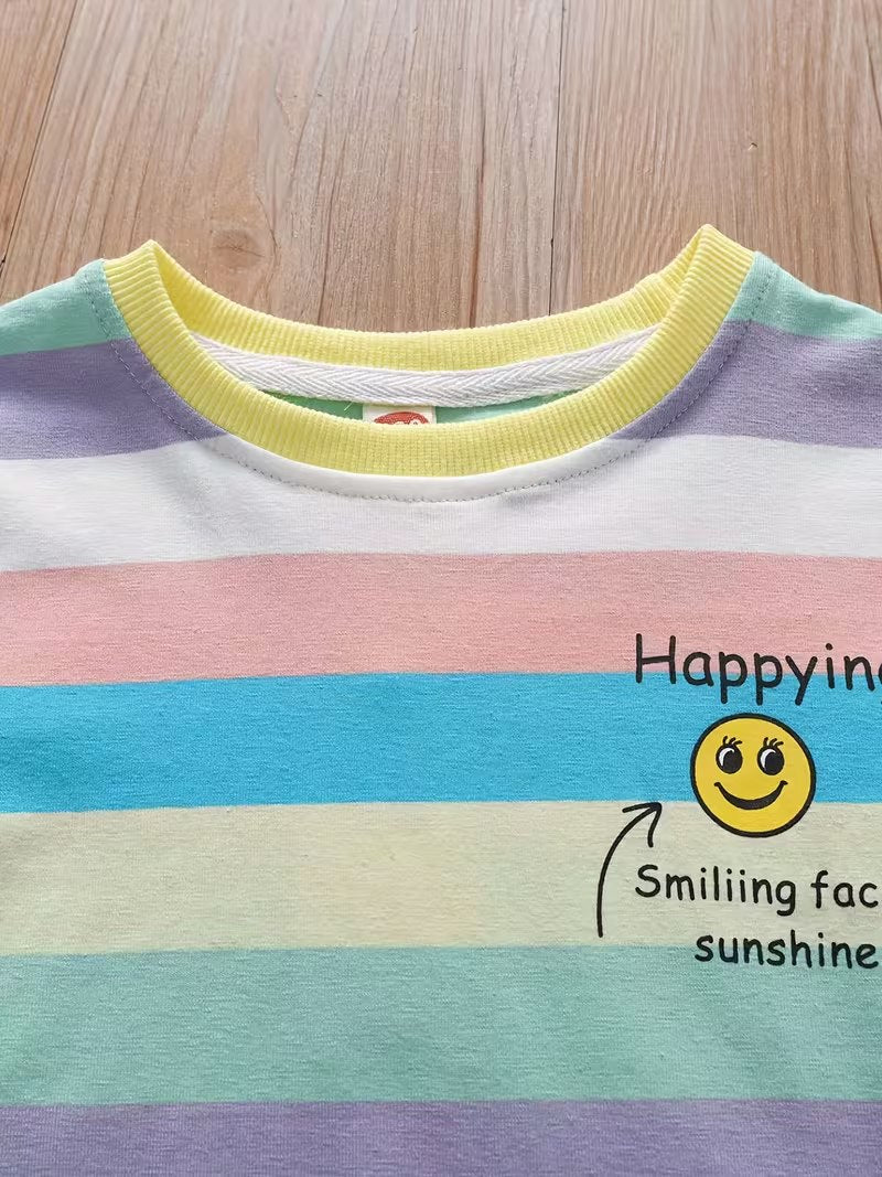 Boys Pastel Rainbow Striped Cotton Co-Ord Set with Smiley Print | Half Sleeve T-Shirt & Shorts