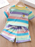 Boys Pastel Rainbow Striped Cotton Co-Ord Set with Smiley Print | Half Sleeve T-Shirt & Shorts