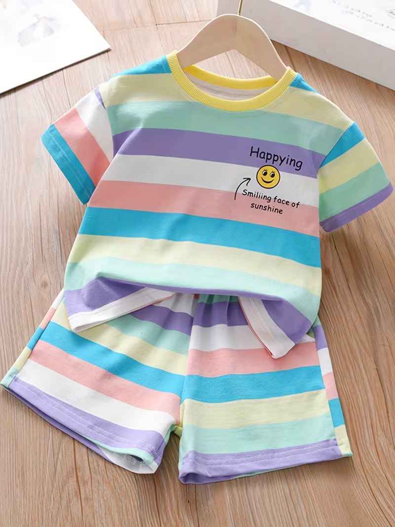 Boys Pastel Rainbow Striped Cotton Co-Ord Set with Smiley Print | Half Sleeve T-Shirt & Shorts
