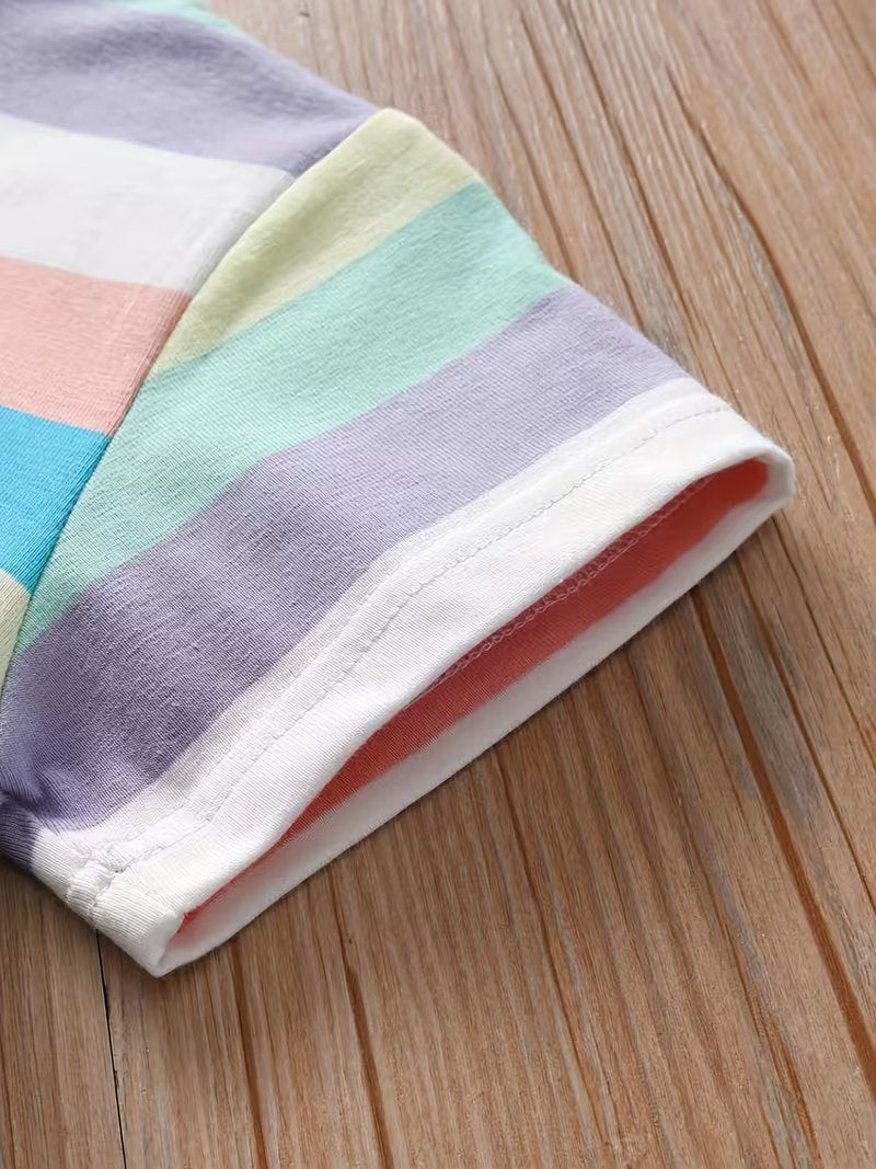 Boys Pastel Rainbow Striped Cotton Co-Ord Set with Smiley Print | Half Sleeve T-Shirt & Shorts