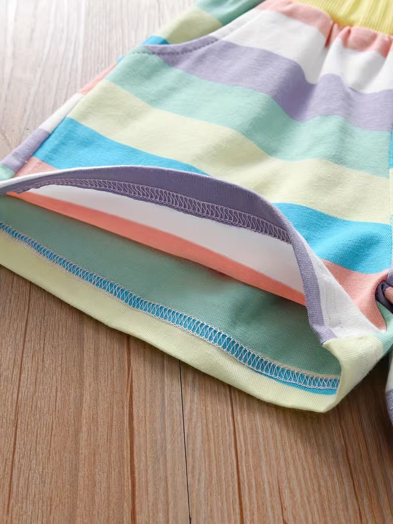 Boys Pastel Rainbow Striped Cotton Co-Ord Set with Smiley Print | Half Sleeve T-Shirt & Shorts