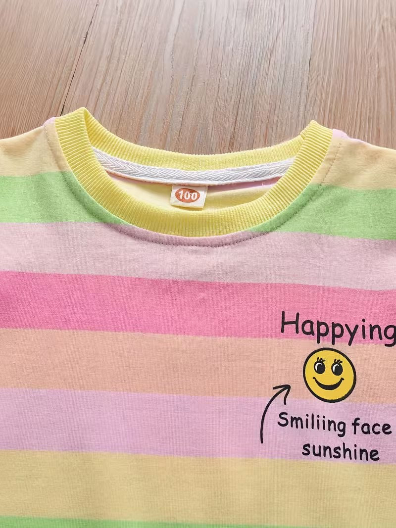 Boys Pastel Rainbow Striped Cotton Co-Ord Set with Smiley Print | Half Sleeve T-Shirt & Shorts