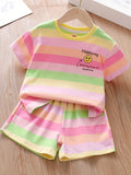 Boys Pastel Rainbow Striped Cotton Co-Ord Set with Smiley Print | Half Sleeve T-Shirt & Shorts