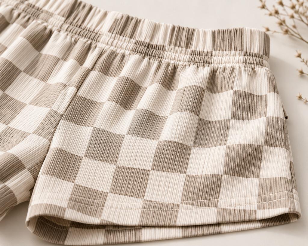 Boys Beige Checkered Cotton Co-Ord Set | Half Sleeve T-Shirt & Elastic Waist Shorts