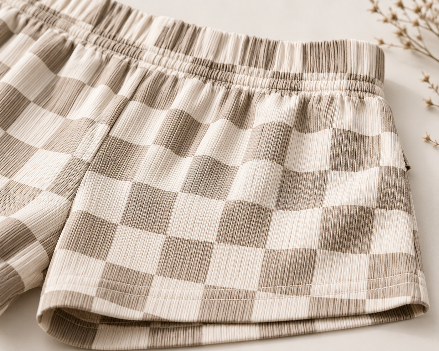 Boys Beige Checkered Cotton Co-Ord Set | Half Sleeve T-Shirt & Elastic Waist Shorts