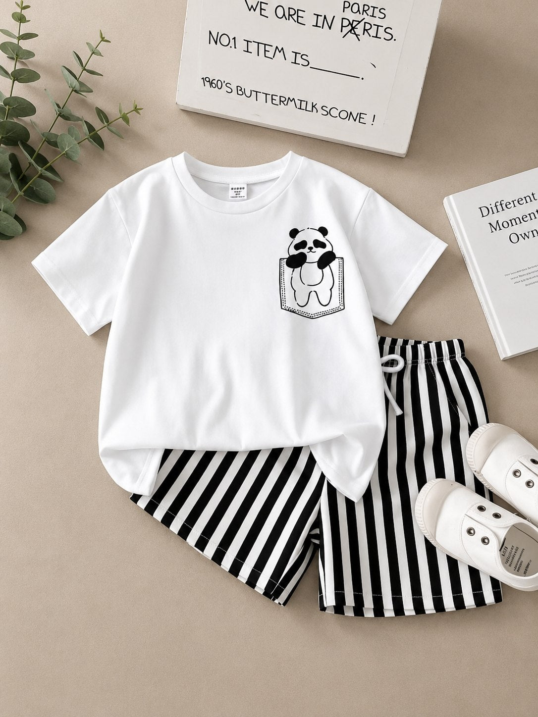 Boys White Panda T-Shirt & Striped Shorts Set | TheKidsWear