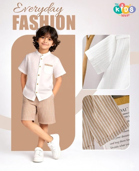 Boys Popcorn Shirt & Striped  Cream Shorts Set
